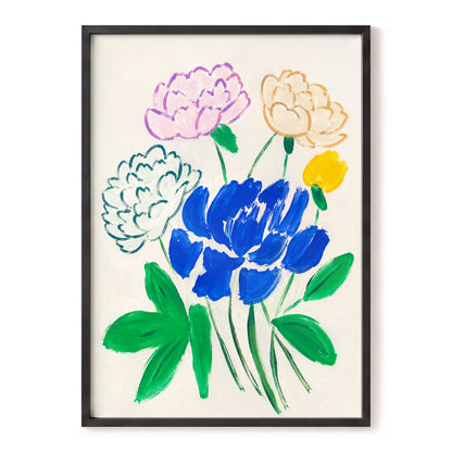 Cobalt Petal Reverie, blue, green, beige floral wall art, front artwork view