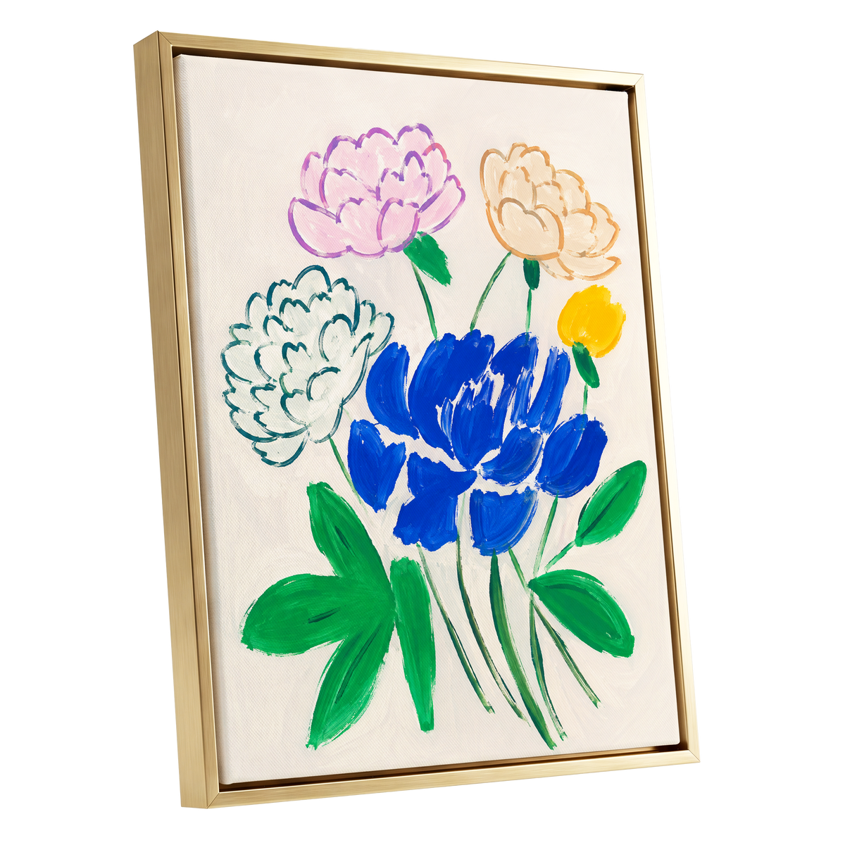 Cobalt Petal Reverie, blue, green, beige floral wall art shown as a gold framed canvas wall art