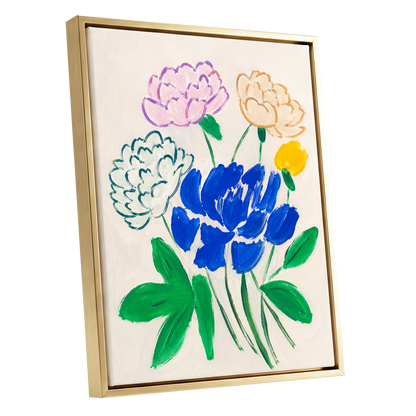 Cobalt Petal Reverie, blue, green, beige floral wall art shown as a gold framed canvas wall art