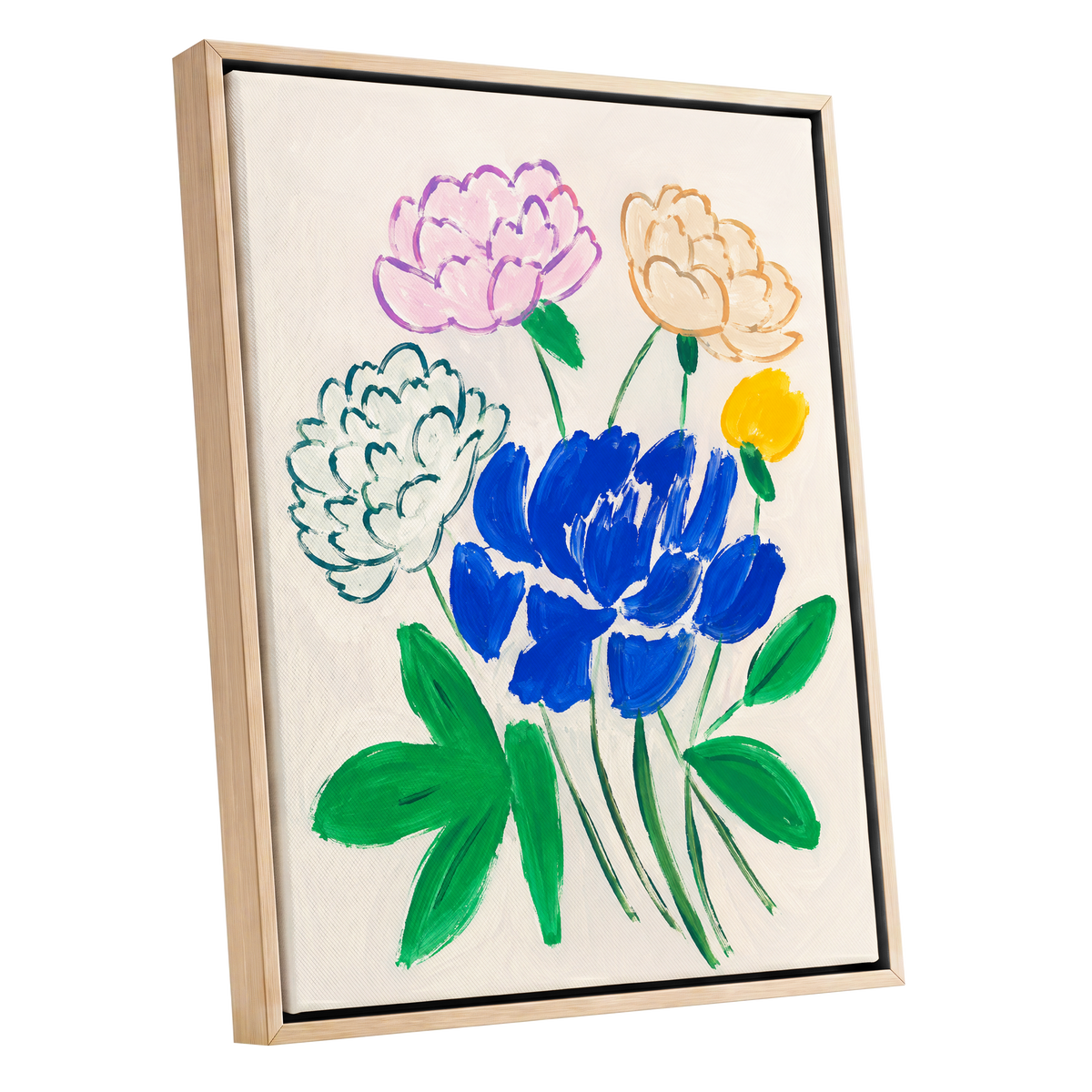 Cobalt Petal Reverie, blue, green, beige floral wall art shown as a oak framed canvas wall art