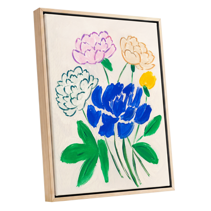 Cobalt Petal Reverie, blue, green, beige floral wall art shown as a oak framed canvas wall art