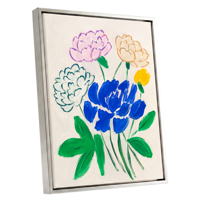 Cobalt Petal Reverie, blue, green, beige floral wall art shown as a silver framed canvas wall art