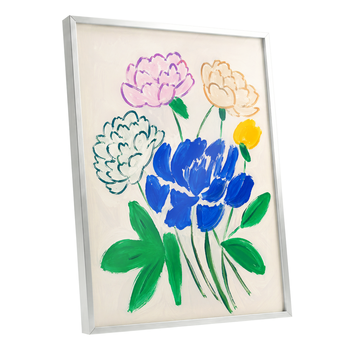 Cobalt Petal Reverie, blue, green, beige floral wall art shown as a silver framed poster wall art print