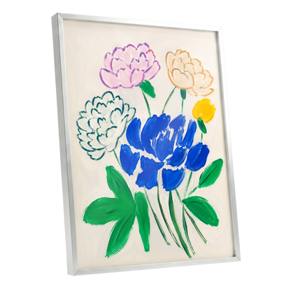 Cobalt Petal Reverie, blue, green, beige floral wall art shown as a silver framed poster wall art print