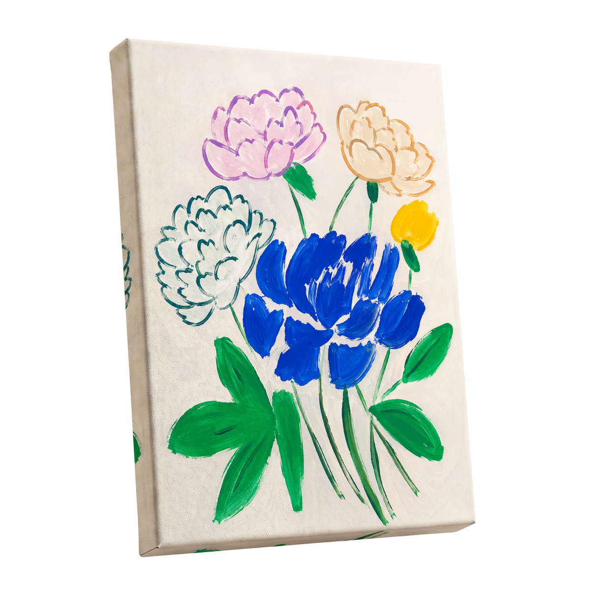 Cobalt Petal Reverie, blue, green, beige floral wall art shown as a stretched canvas wall art