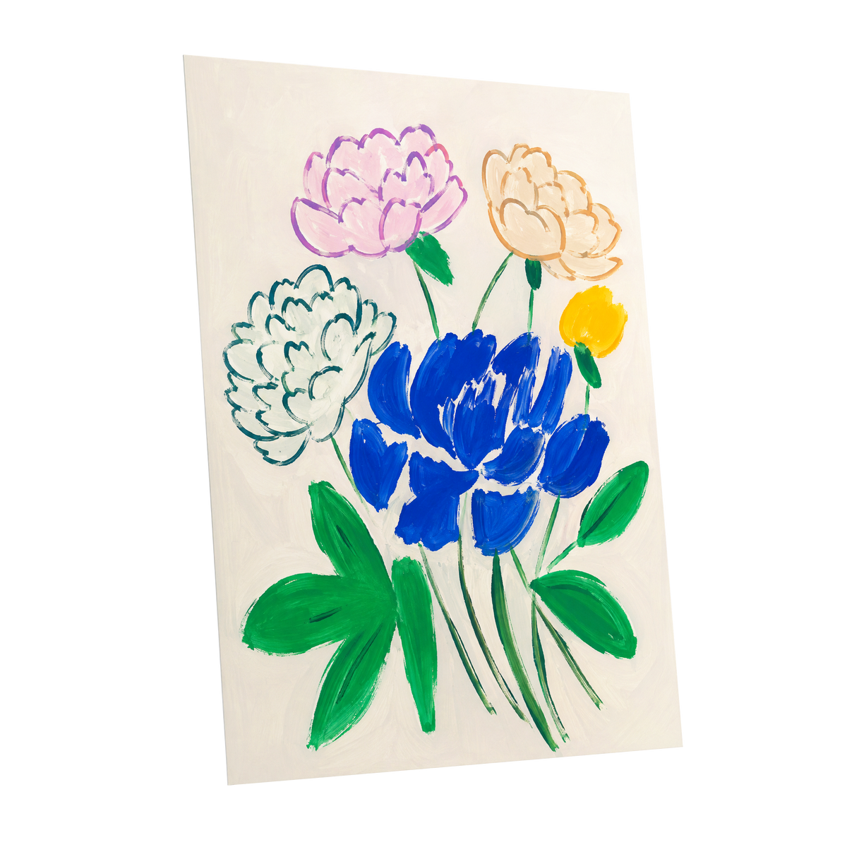 Cobalt Petal Reverie, blue, green, beige floral wall art shown as a unframed poster wall art print