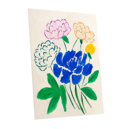 Cobalt Petal Reverie, blue, green, beige floral wall art shown as a unframed poster wall art print