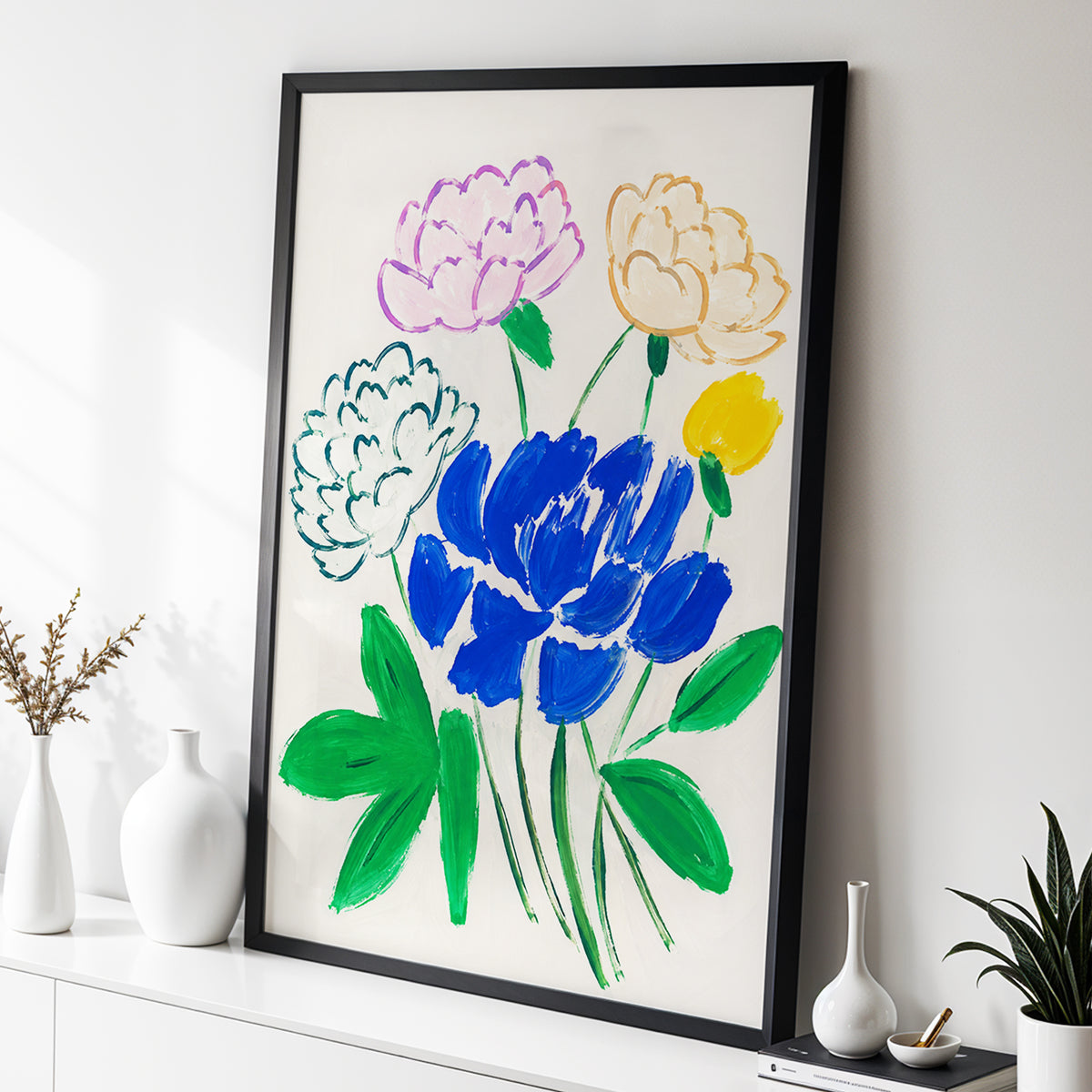 Cobalt Petal Reverie, blue, green, beige floral wall art displayed in a styled interior, gallery view 2