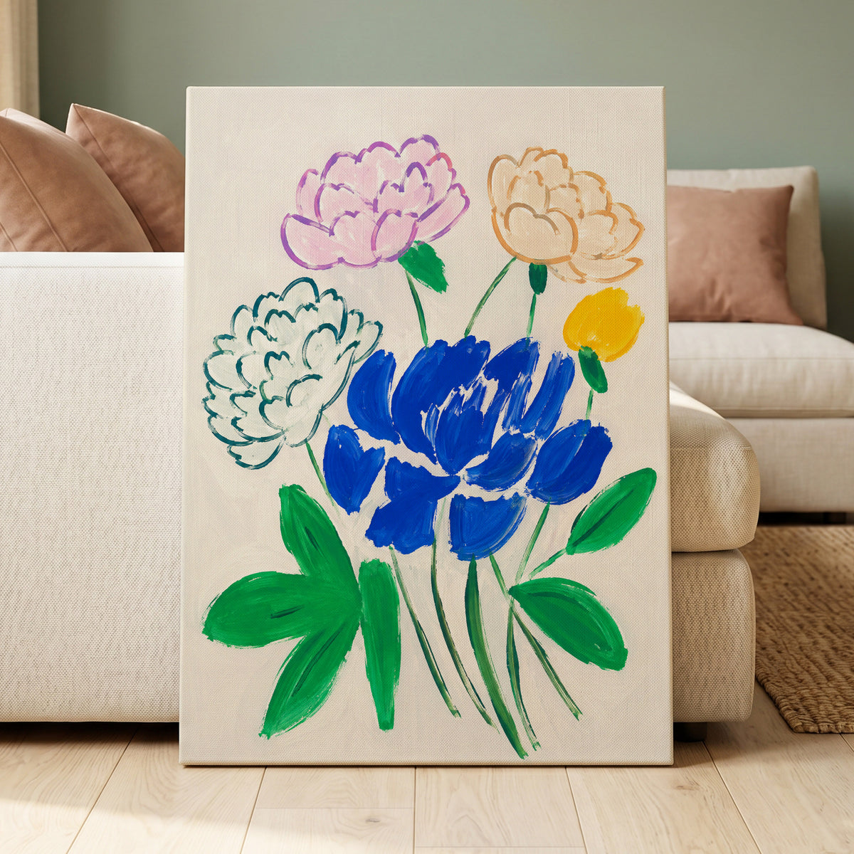 Cobalt Petal Reverie, blue, green, beige floral wall art displayed in a styled interior, gallery view 3