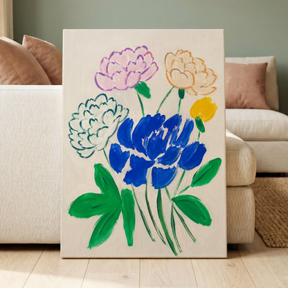 Cobalt Petal Reverie, blue, green, beige floral wall art displayed in a styled interior, gallery view 3