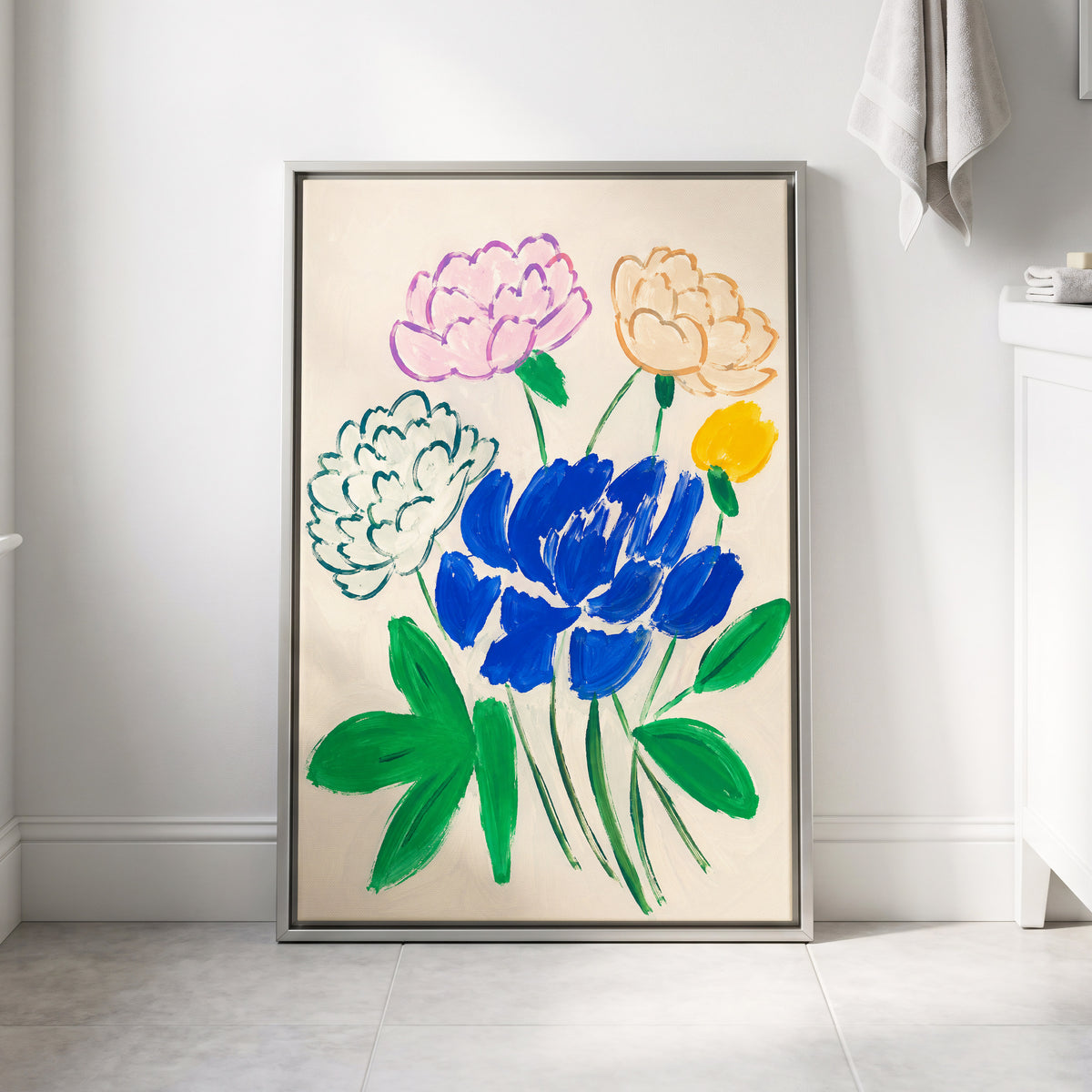 Cobalt Petal Reverie, blue, green, beige floral wall art displayed in a styled interior, gallery view 4