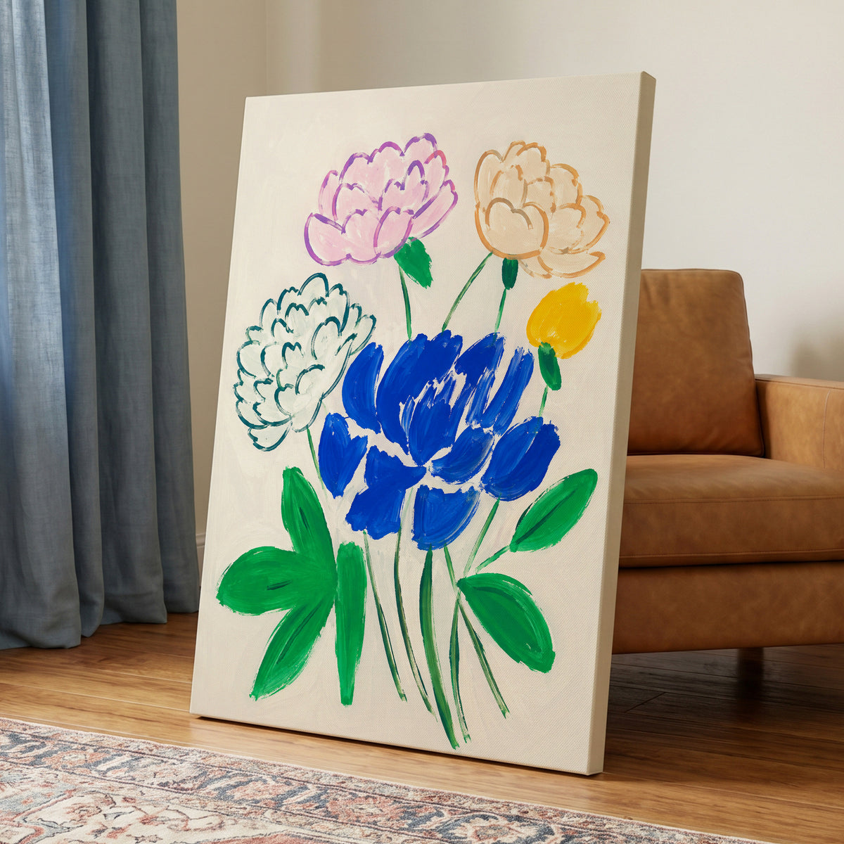 Cobalt Petal Reverie, blue, green, beige floral wall art displayed in a styled interior, gallery view 7