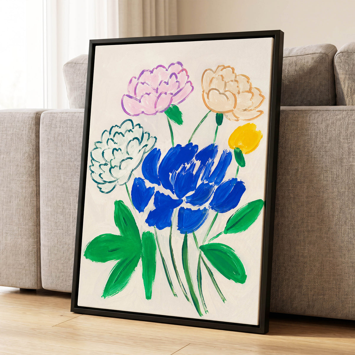 Cobalt Petal Reverie, blue, green, beige floral wall art displayed in a styled interior, gallery view 8