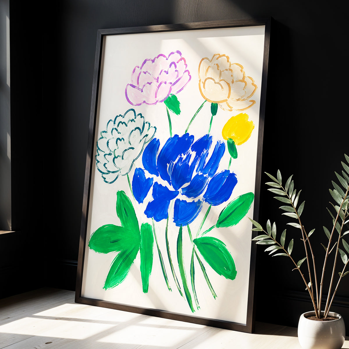 Cobalt Petal Reverie, blue, green, beige floral wall art displayed in a styled interior, gallery view 9