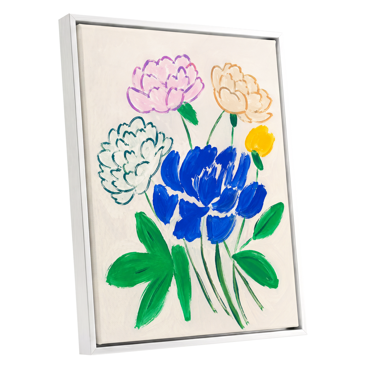 Cobalt Petal Reverie, blue, green, beige floral wall art shown as a white framed canvas wall art