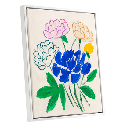 Cobalt Petal Reverie, blue, green, beige floral wall art shown as a white framed canvas wall art