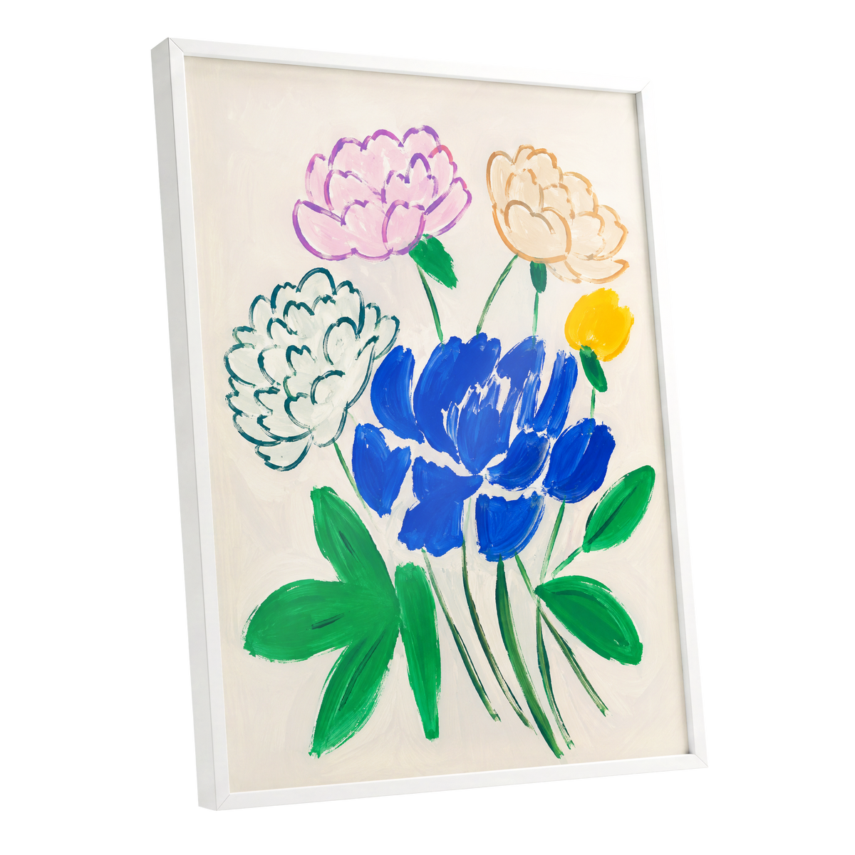 Cobalt Petal Reverie, blue, green, beige floral wall art shown as a white framed poster wall art print