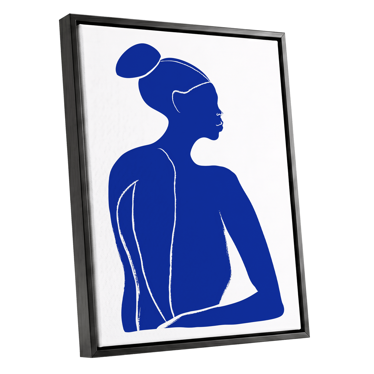 Cobalt Poise, blue, white minimalist wall art shown as a black framed canvas wall art