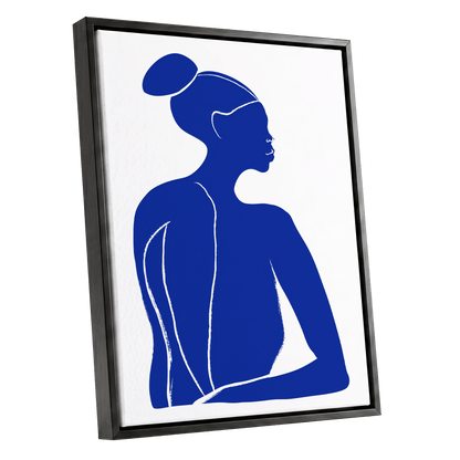 Cobalt Poise, blue, white minimalist wall art shown as a black framed canvas wall art