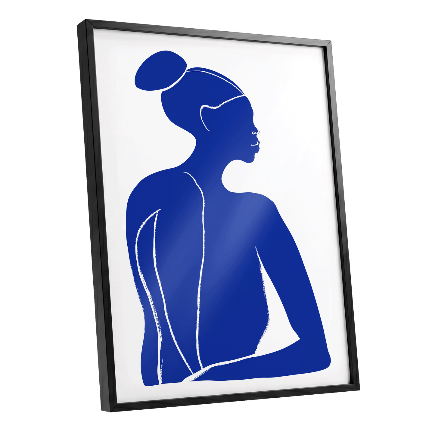 Cobalt Poise, blue, white minimalist wall art shown as a black framed poster wall art print
