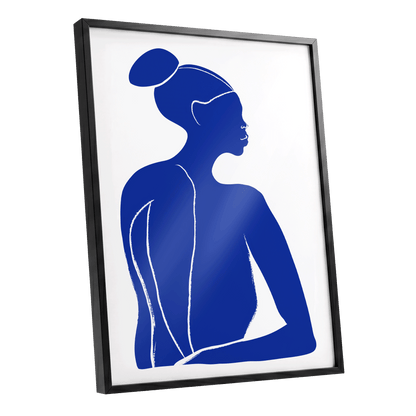 Cobalt Poise, blue, white minimalist wall art shown as a black framed poster wall art print
