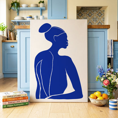 Cobalt Poise, blue, white minimalist wall art on canvas displayed in a styled interior, gallery view 1