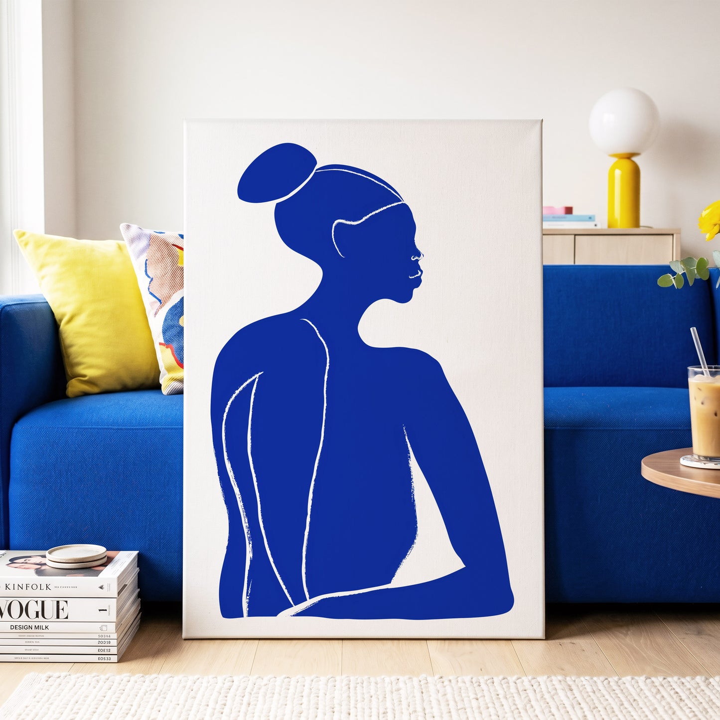 Cobalt Poise, blue, white minimalist wall art on canvas displayed in a styled interior, gallery view 2