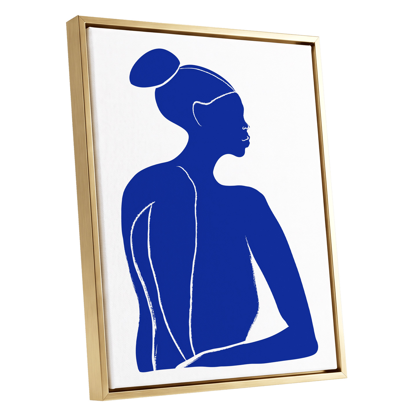 Cobalt Poise, blue, white minimalist wall art shown as a gold framed canvas wall art