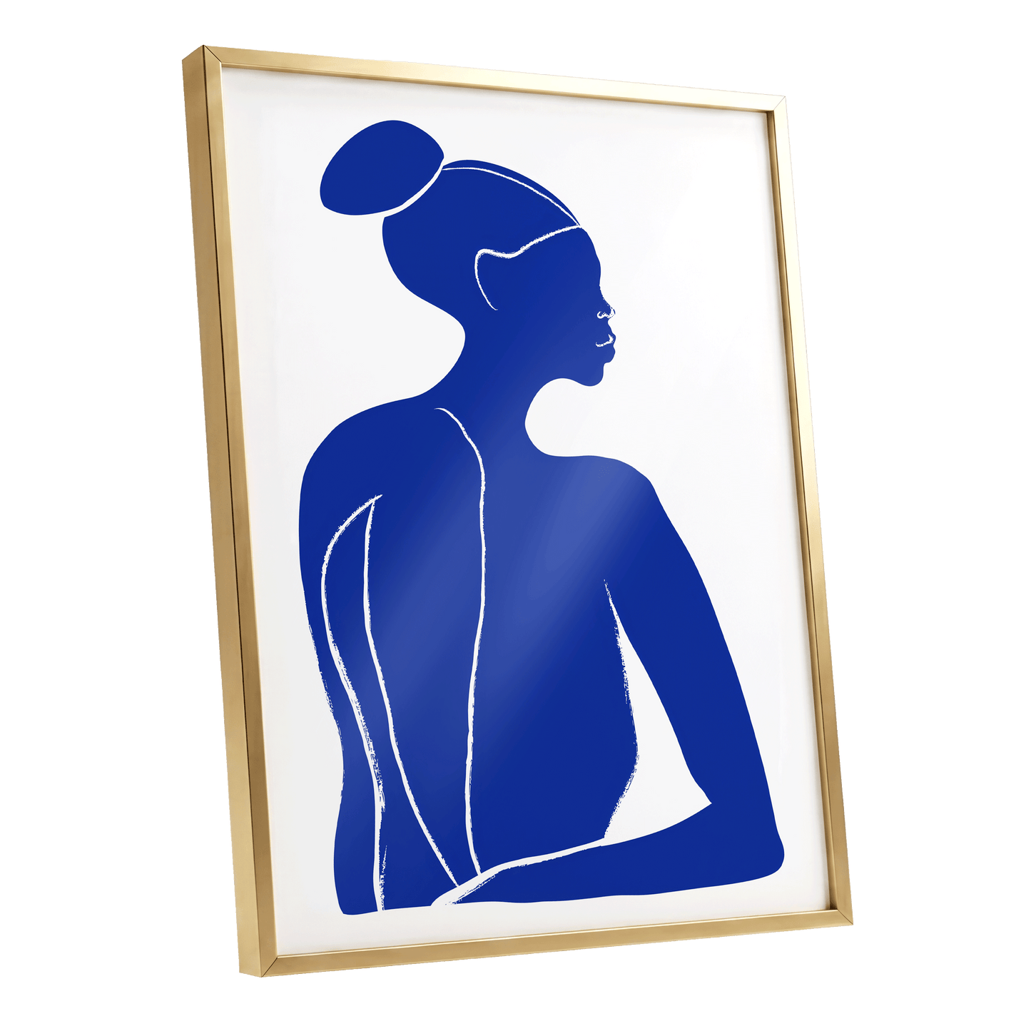 Cobalt Poise, blue, white minimalist wall art shown as a gold framed poster wall art print