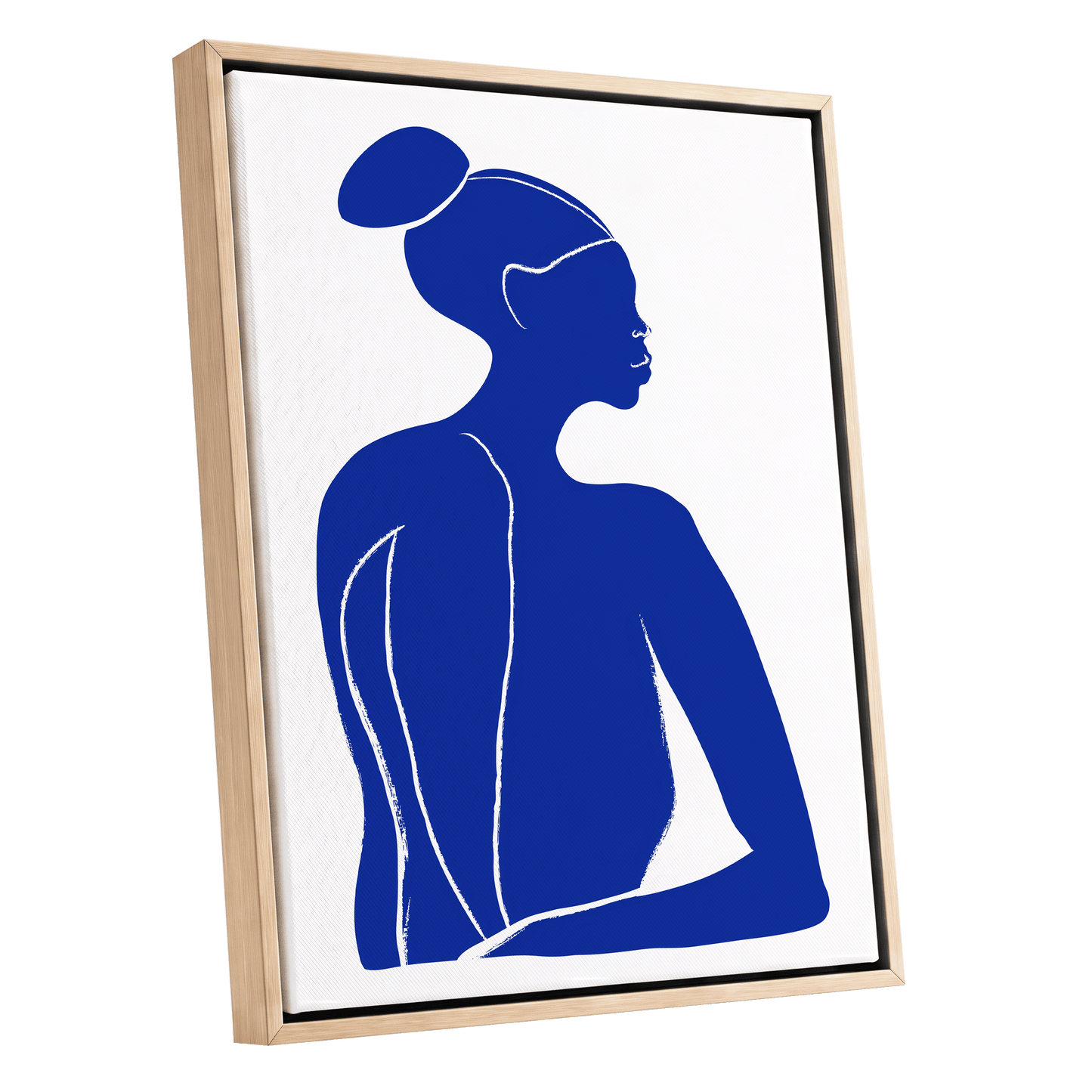 Cobalt Poise, blue, white minimalist wall art shown as a oak framed canvas wall art