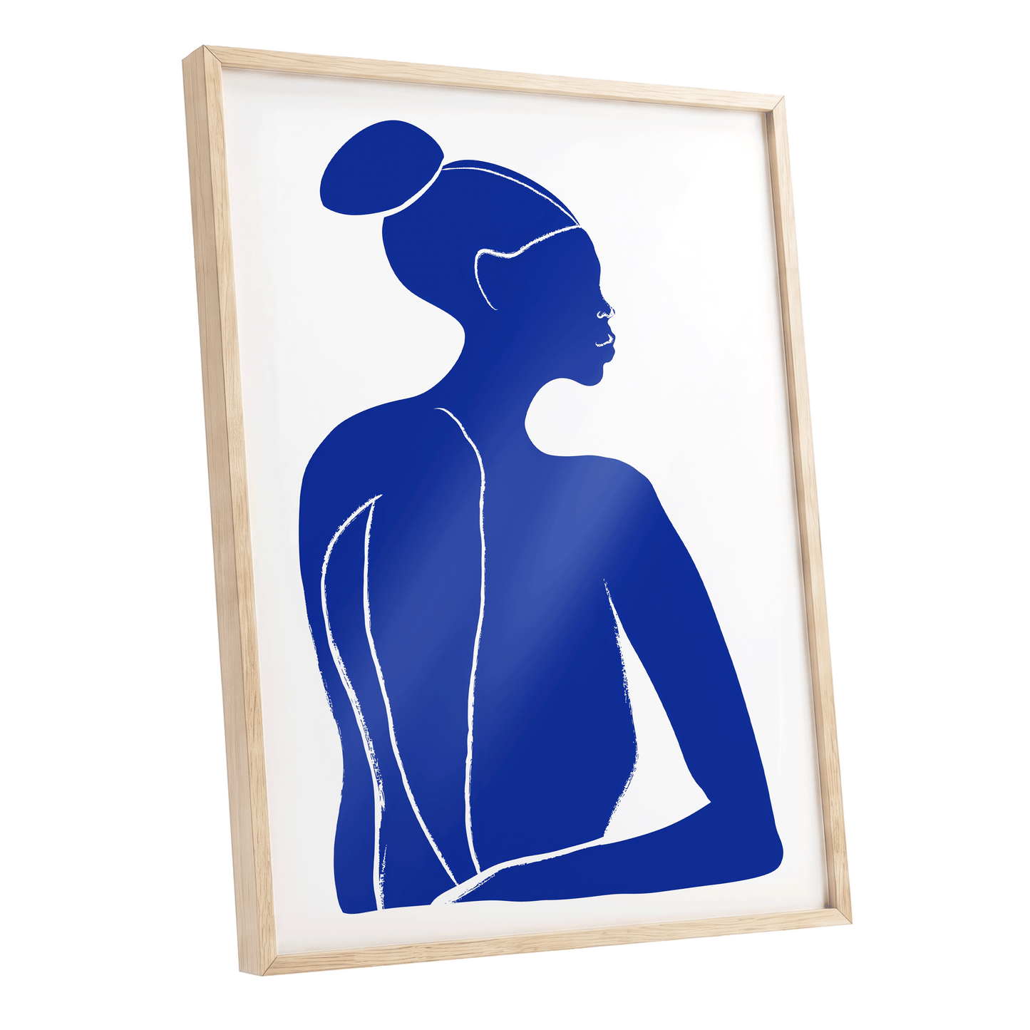Cobalt Poise, blue, white minimalist wall art shown as a oak framed poster wall art print
