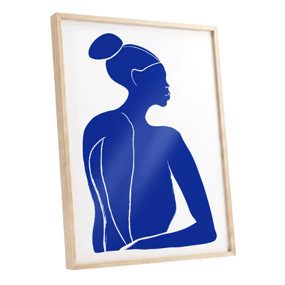 Cobalt Poise, blue, white minimalist wall art shown as a oak framed poster wall art print