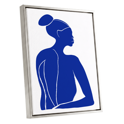Cobalt Poise, blue, white minimalist wall art shown as a silver framed canvas wall art