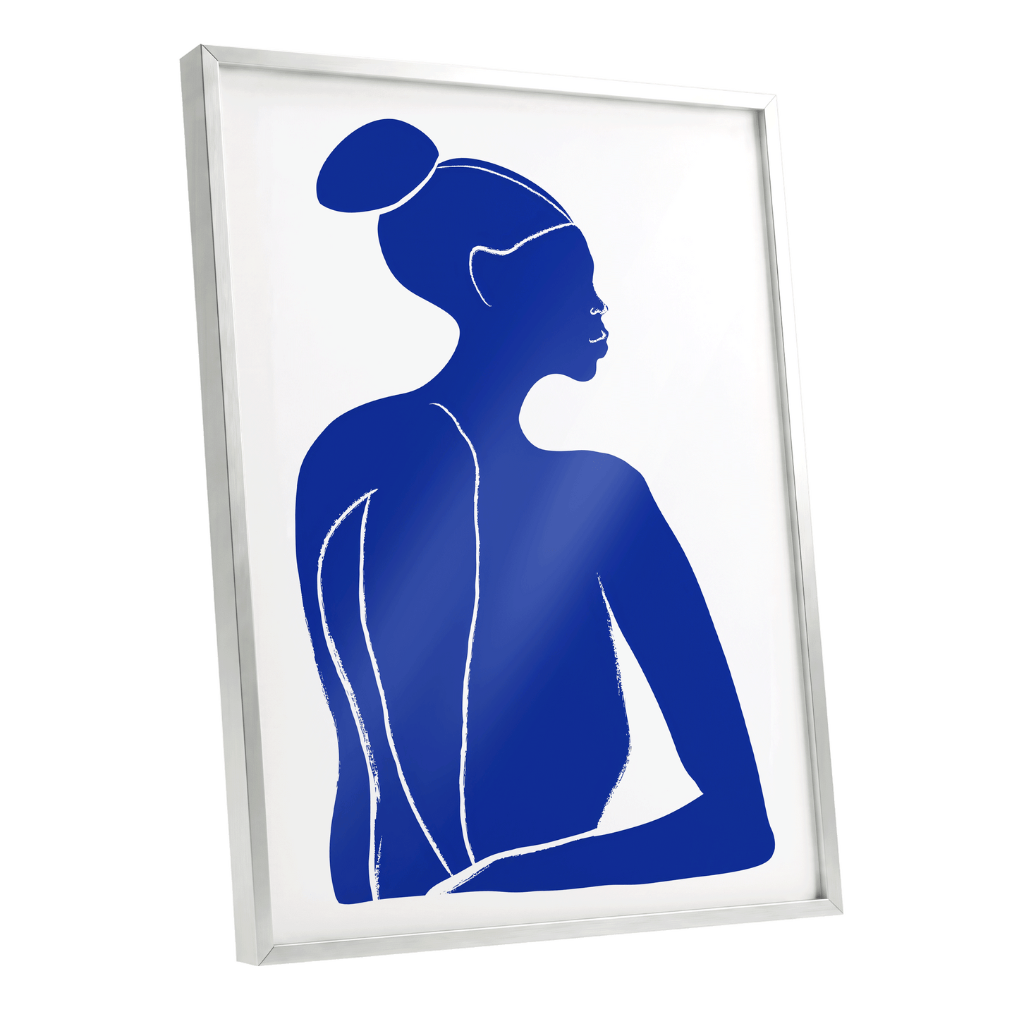 Cobalt Poise, blue, white minimalist wall art shown as a silver framed poster wall art print