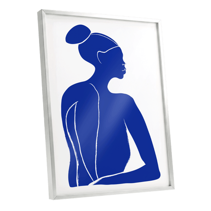 Cobalt Poise, blue, white minimalist wall art shown as a silver framed poster wall art print