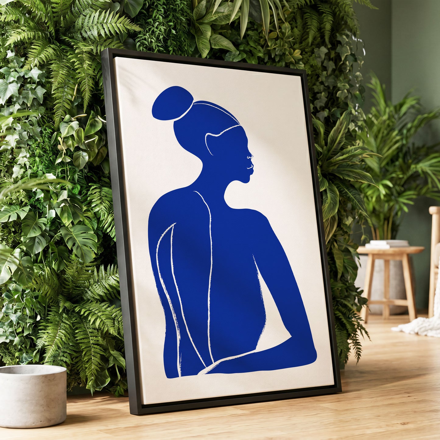 Cobalt Poise, blue, white minimalist wall art displayed in a styled interior, gallery view 1