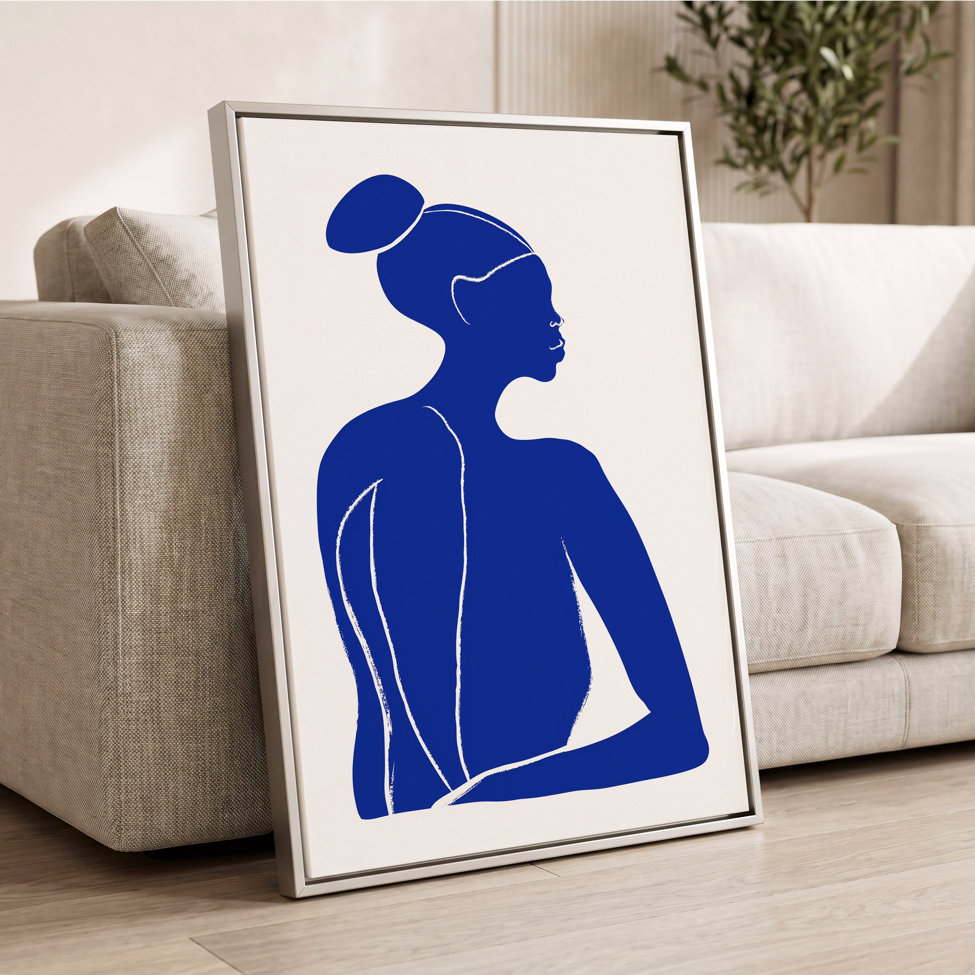 Cobalt Poise, blue, white minimalist wall art displayed in a styled interior, gallery view 2