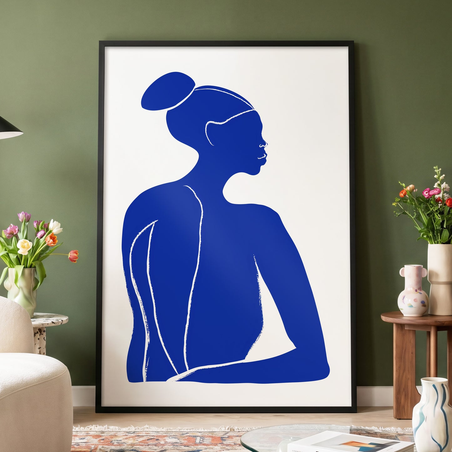 Cobalt Poise, blue, white minimalist wall art displayed in a styled interior, gallery view 4