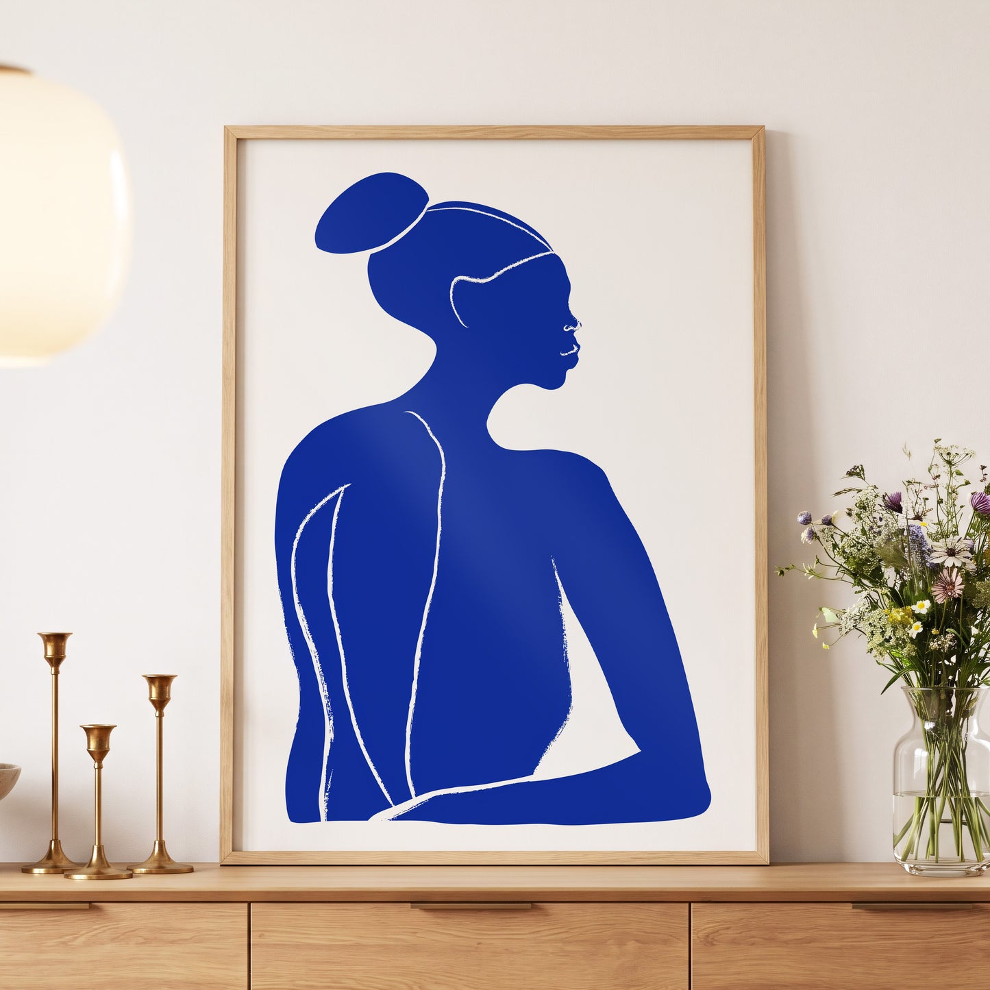Cobalt Poise, blue, white minimalist wall art displayed in a styled interior, gallery view 5