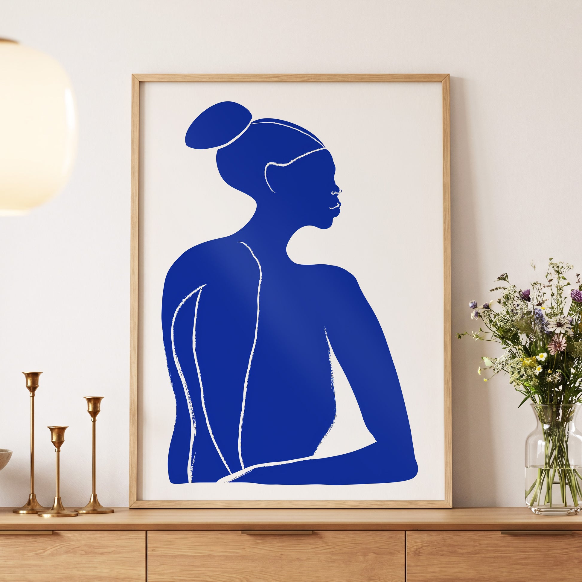 Cobalt Poise, blue, white minimalist wall art displayed in a styled interior, gallery view 5