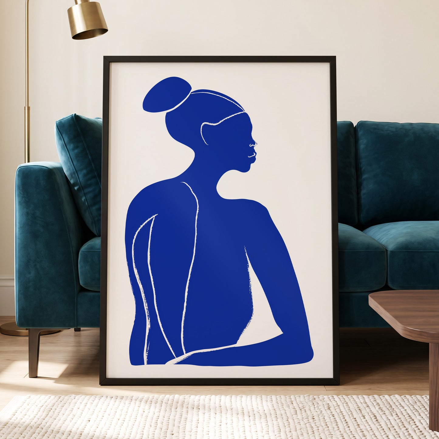 Cobalt Poise, blue, white minimalist wall art displayed in a styled interior, gallery view 6