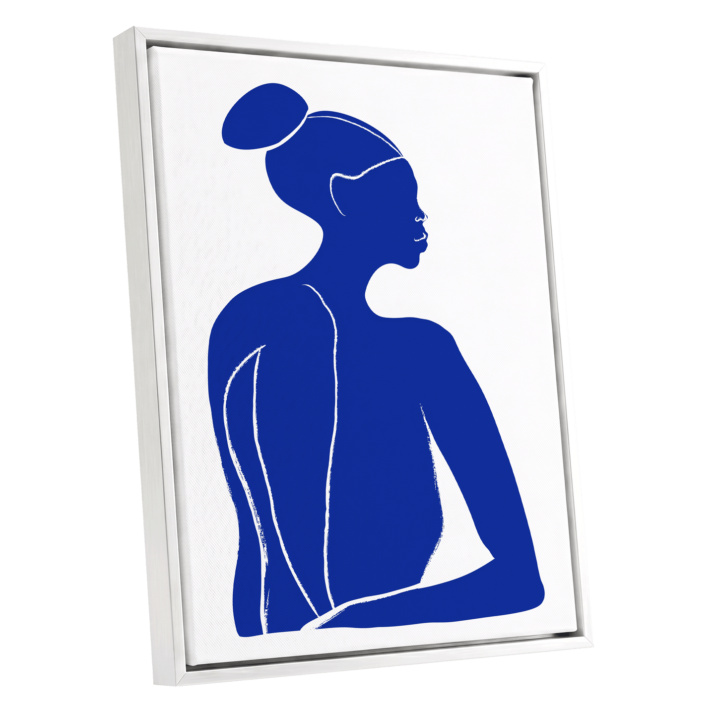 Cobalt Poise, blue, white minimalist wall art shown as a white framed canvas wall art