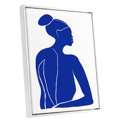Cobalt Poise, blue, white minimalist wall art shown as a white framed canvas wall art