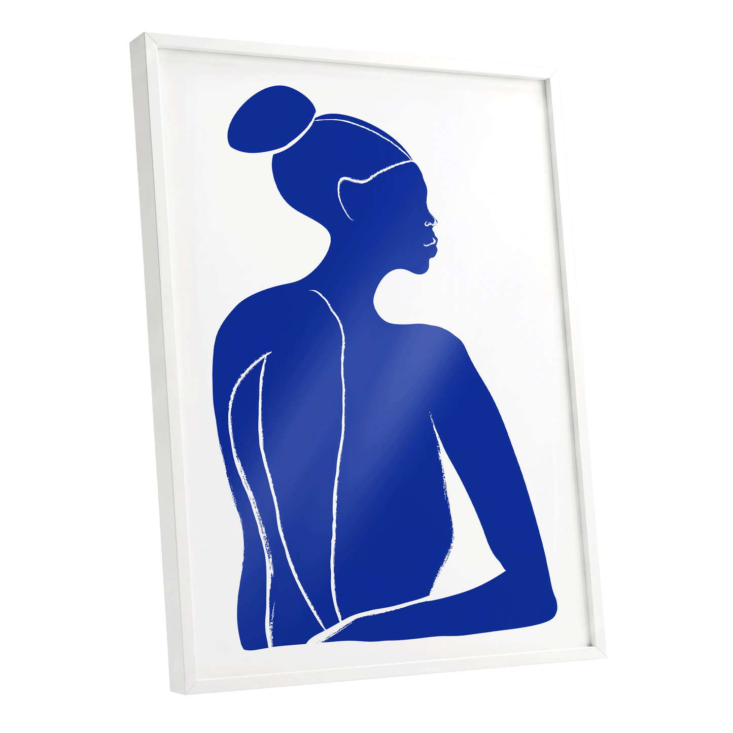 Cobalt Poise, blue, white minimalist wall art shown as a white framed poster wall art print