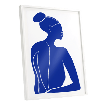 Cobalt Poise, blue, white minimalist wall art shown as a white framed poster wall art print