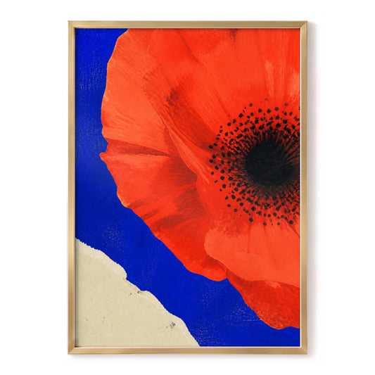Cobalt Poppy, red, blue, black floral wall art, front artwork view