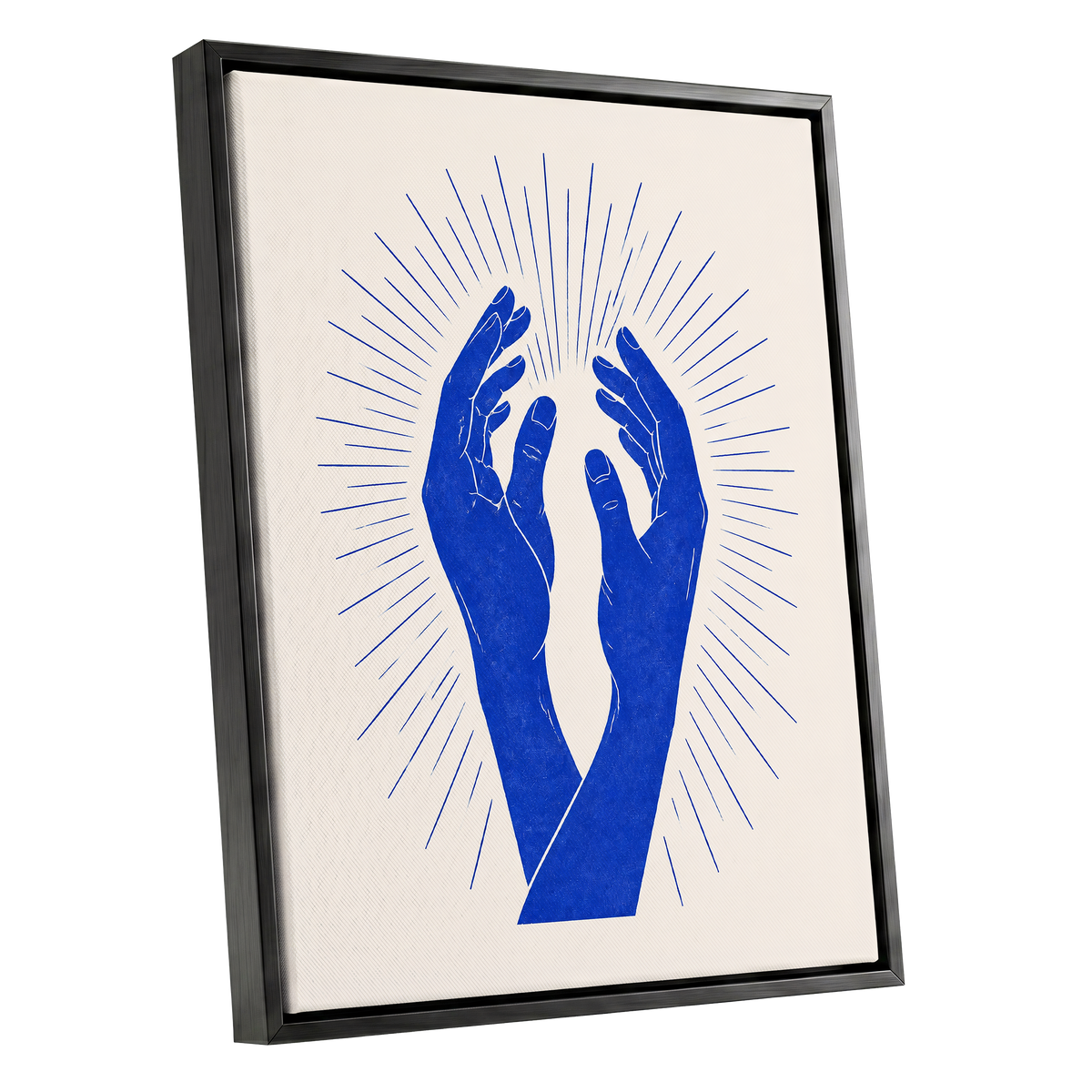 Cobalt Radiance, blue, beige, white minimalist wall art shown as a black framed canvas wall art