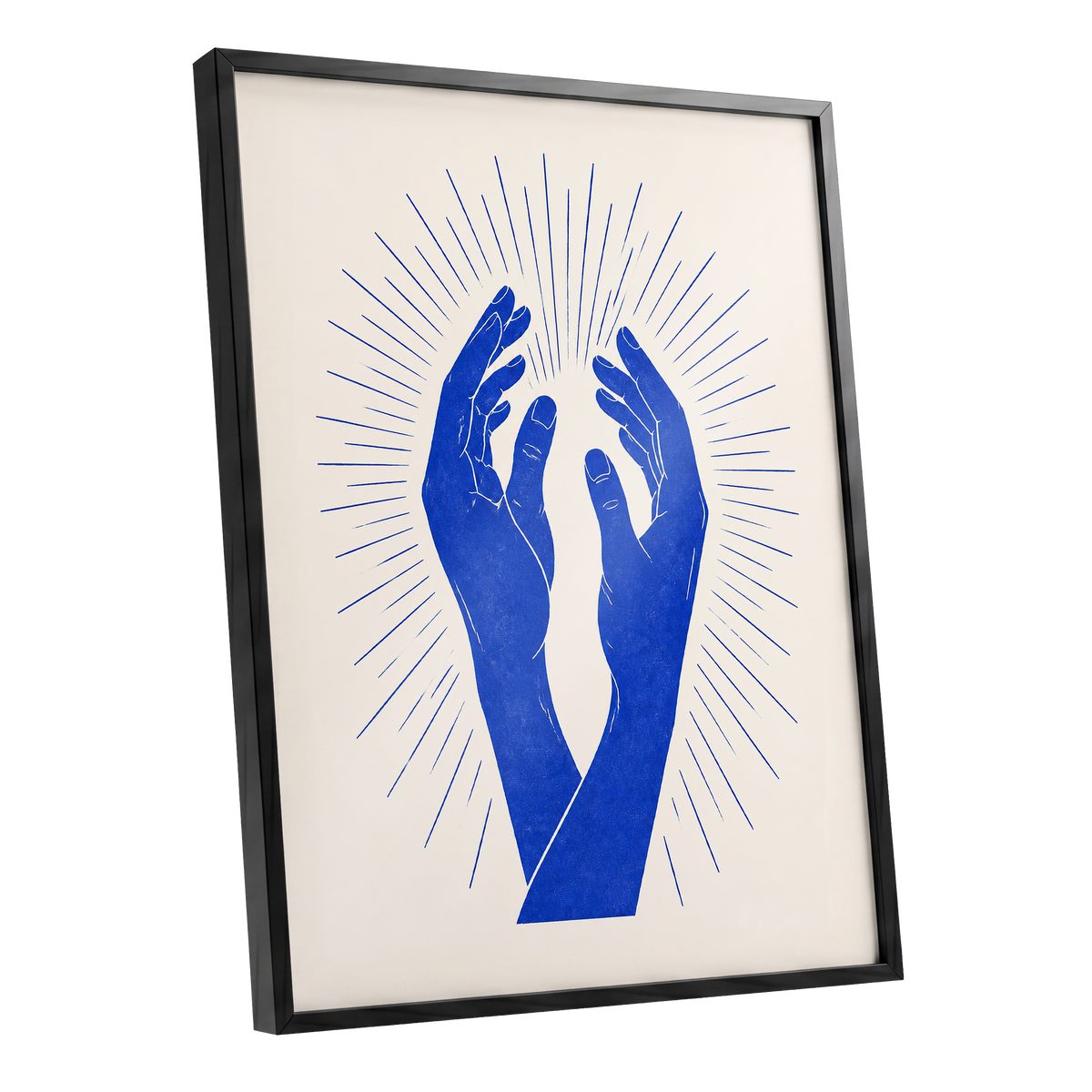 Cobalt Radiance, blue, beige, white minimalist wall art shown as a black framed poster wall art print
