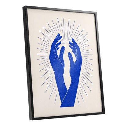 Cobalt Radiance, blue, beige, white minimalist wall art shown as a black framed poster wall art print