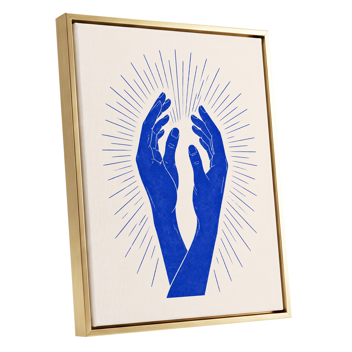 Cobalt Radiance, blue, beige, white minimalist wall art shown as a gold framed canvas wall art